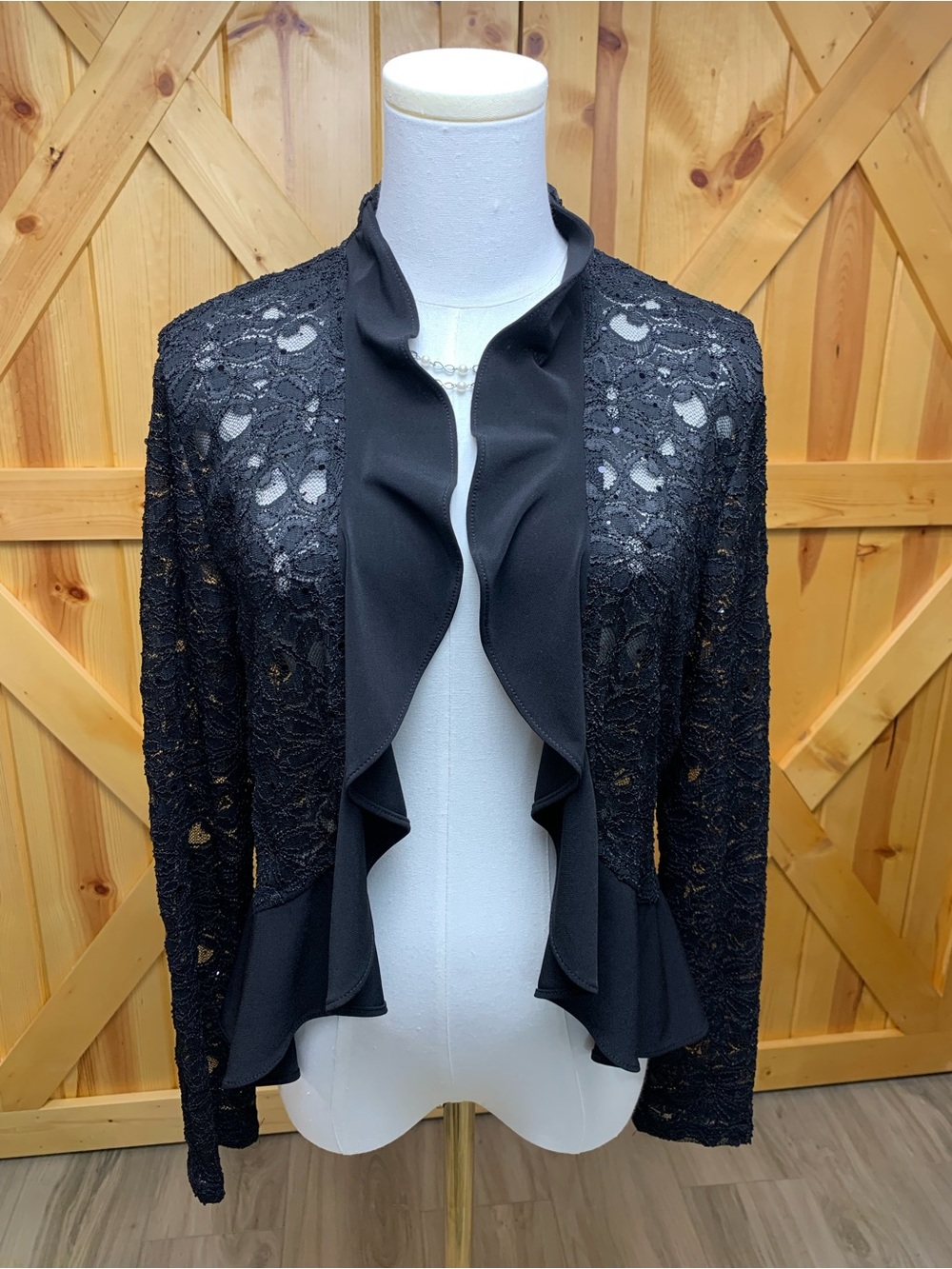 Womens L Black Lace Floral Sequin Ruffle Front Shrug Whimsy Victorian Goth USA